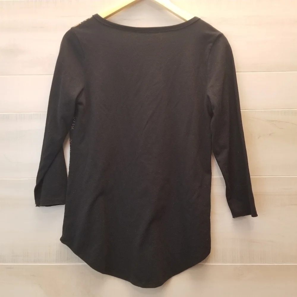{S} Lucky Brand Gold Foil Medallion Black Tee Shirt 3/4 Sleeve